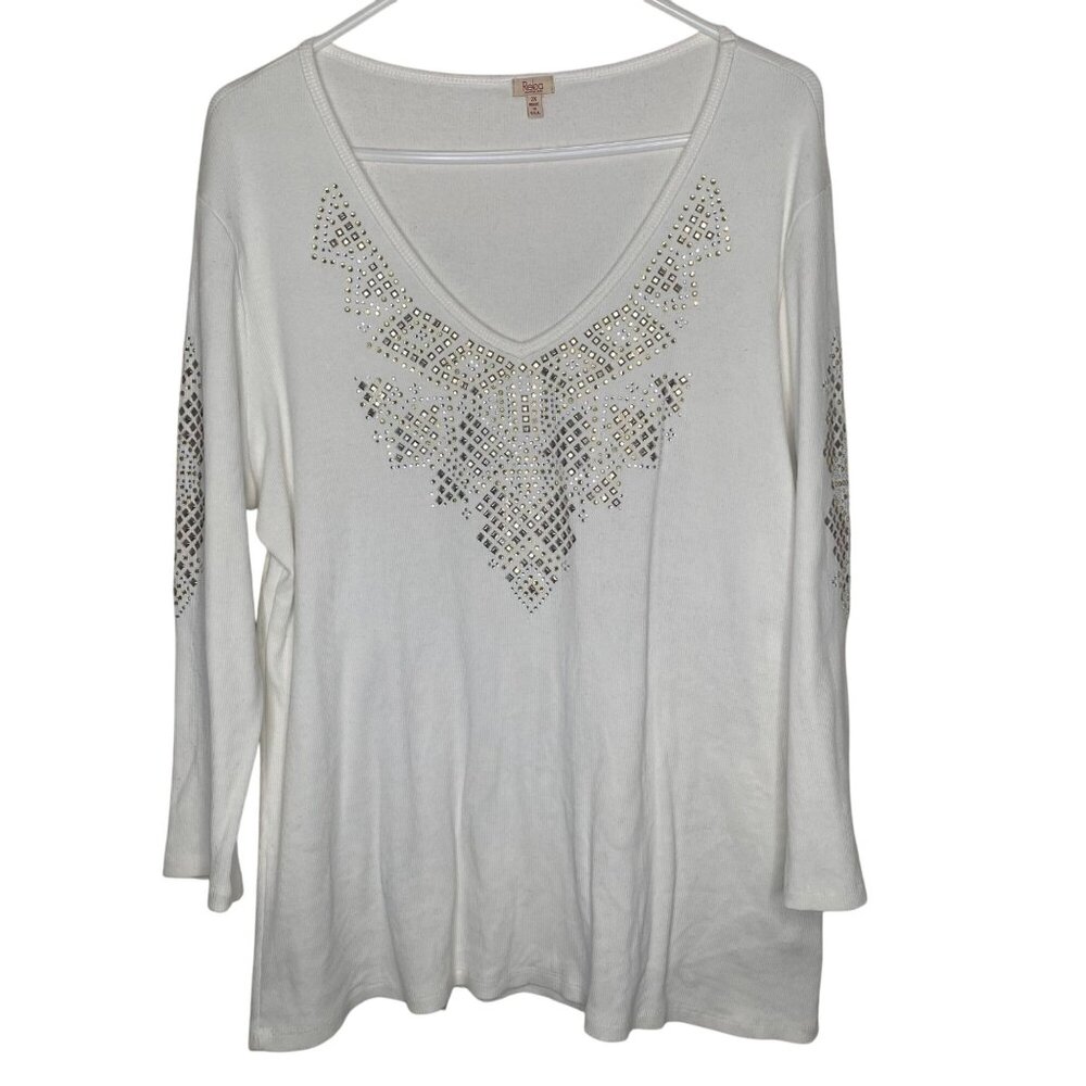 Reba Long Sleeve Top Womens 2X White V-Neck Gold & Silver Studded Plus Size Casu